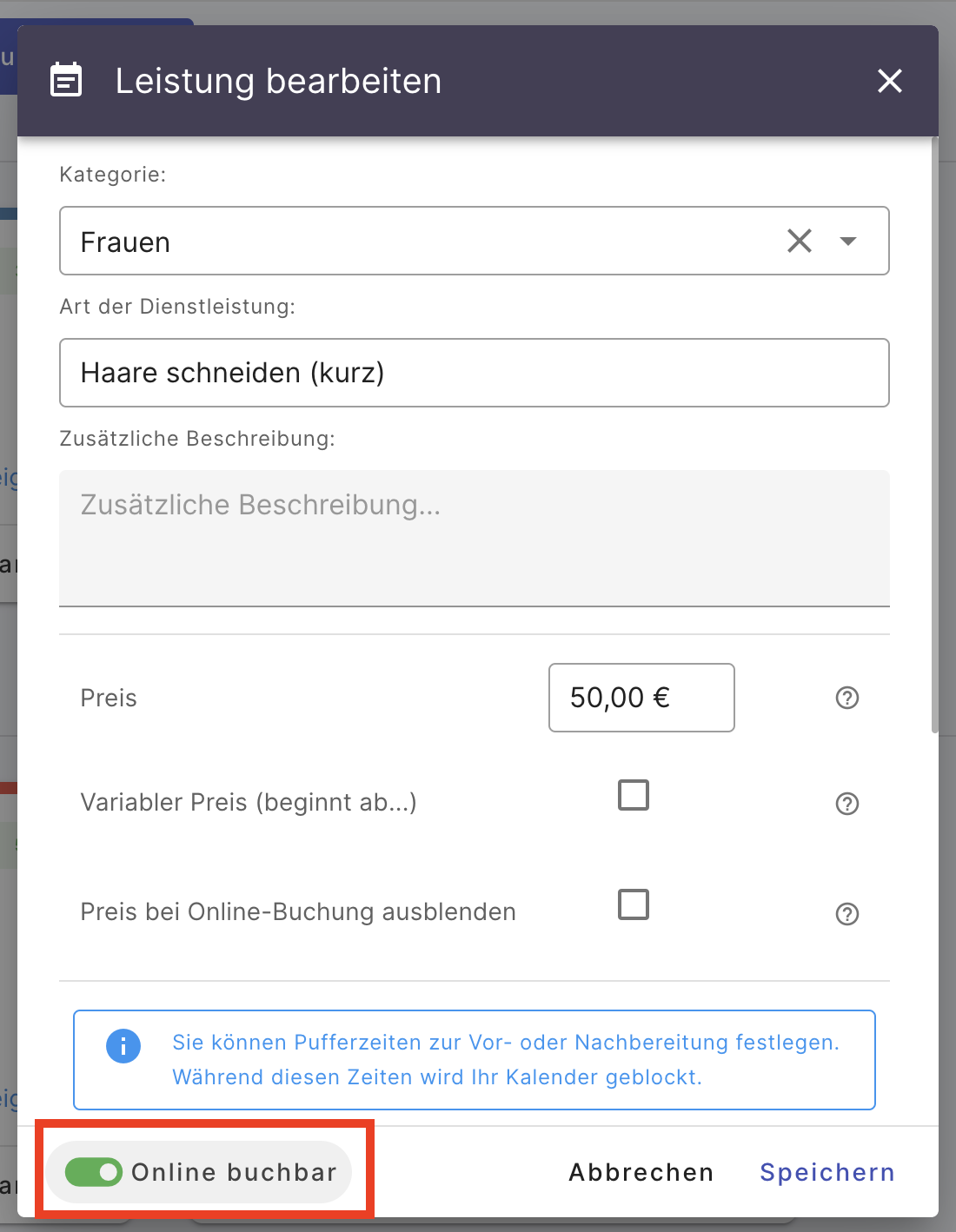 Online-Buchung deaktivieren